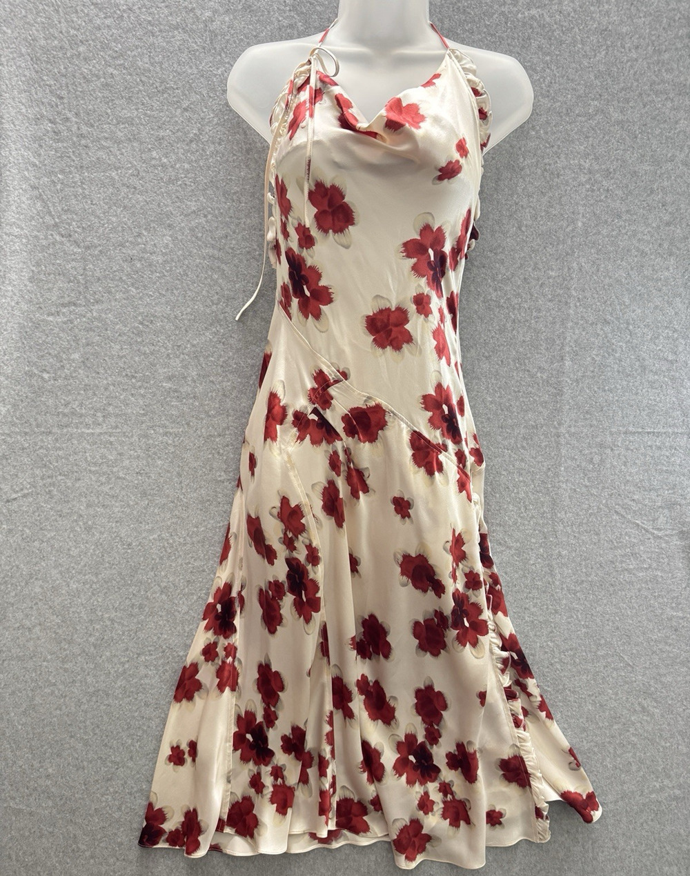 Karen Millen 100% Silk Floral Bias Cut Midi Dress Sz US 6 Cream Red Open Back